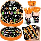 175 Pcs Happy Halloween Plates Napkins Cups Cutlery Tableware Decorations | Serves 25 Guests, Disposable Plates, Napkins, Cups, Forks, Spoons, Knives, Spooky Table Dinnerware Trick or Treat Supplies