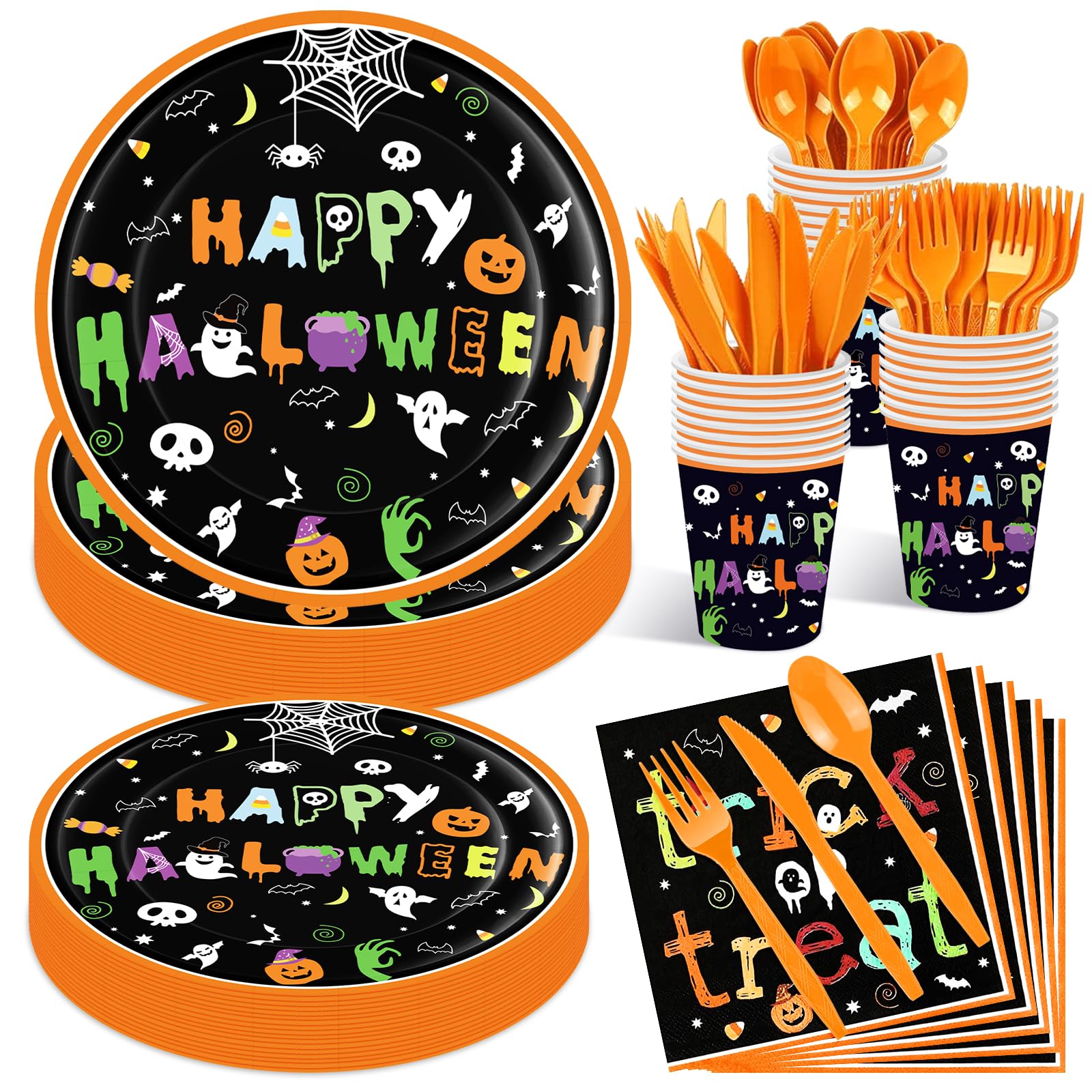 Photo 1 of 175 Pcs Halloween Tableware Party Supplies Set - Serves 25, Spooky Happy Halloween Disposable Dinnerware, Includes Plates, Cups, Napkins, Forks, Spoons, Knives for Trick or Treat Favors