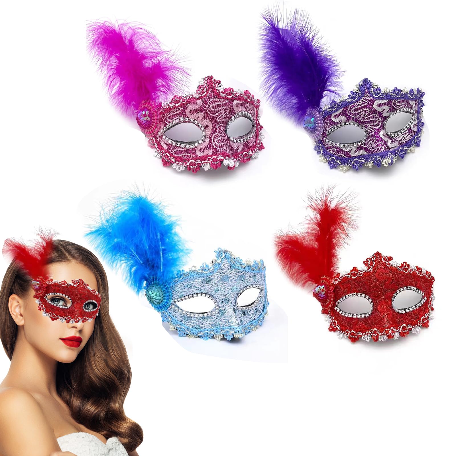 MFCGHXR 4 Pcs Masquerade Mask with Feather, Women Venetian Mask, Halloween Party Cosplay Mardi Gras Mask, Carnival Eye Mask, for Fancy Dress Lace Mask Costume Party(4 Colors)