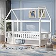 iRoll House Floor Bed Twin Size, Wood Montessori Floor Bed with High Fence, Multifunctional House Montessori for Boys & Girls, No Weight Limit, Easy Assembly, White