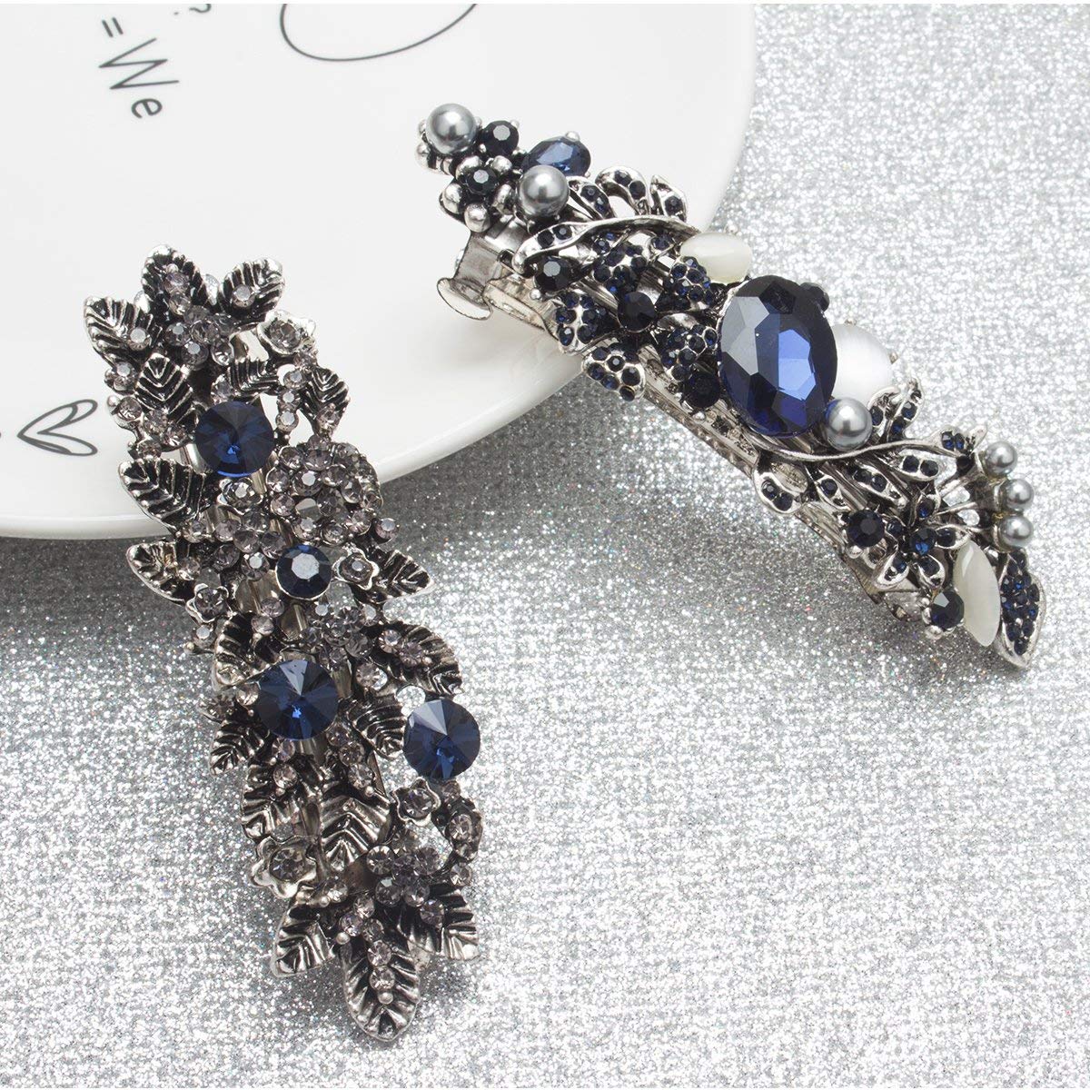 Kicosy Barrettes for Women Hair Barrettes for Women 3 Pack Vintage Shining Rhinestone Hair Barrettes Metal Flower Butterfly French Clip Faux Crystal Hair clip Spring Hair Barrette,Black and Navy Blue: Beauty