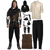 SOMSOC 9 Piece Halloween Men's Renaissance Viking Costume Set Medieval Shirt Pants Vest Scarf Bracer Belt Pouch Shoulder Cape