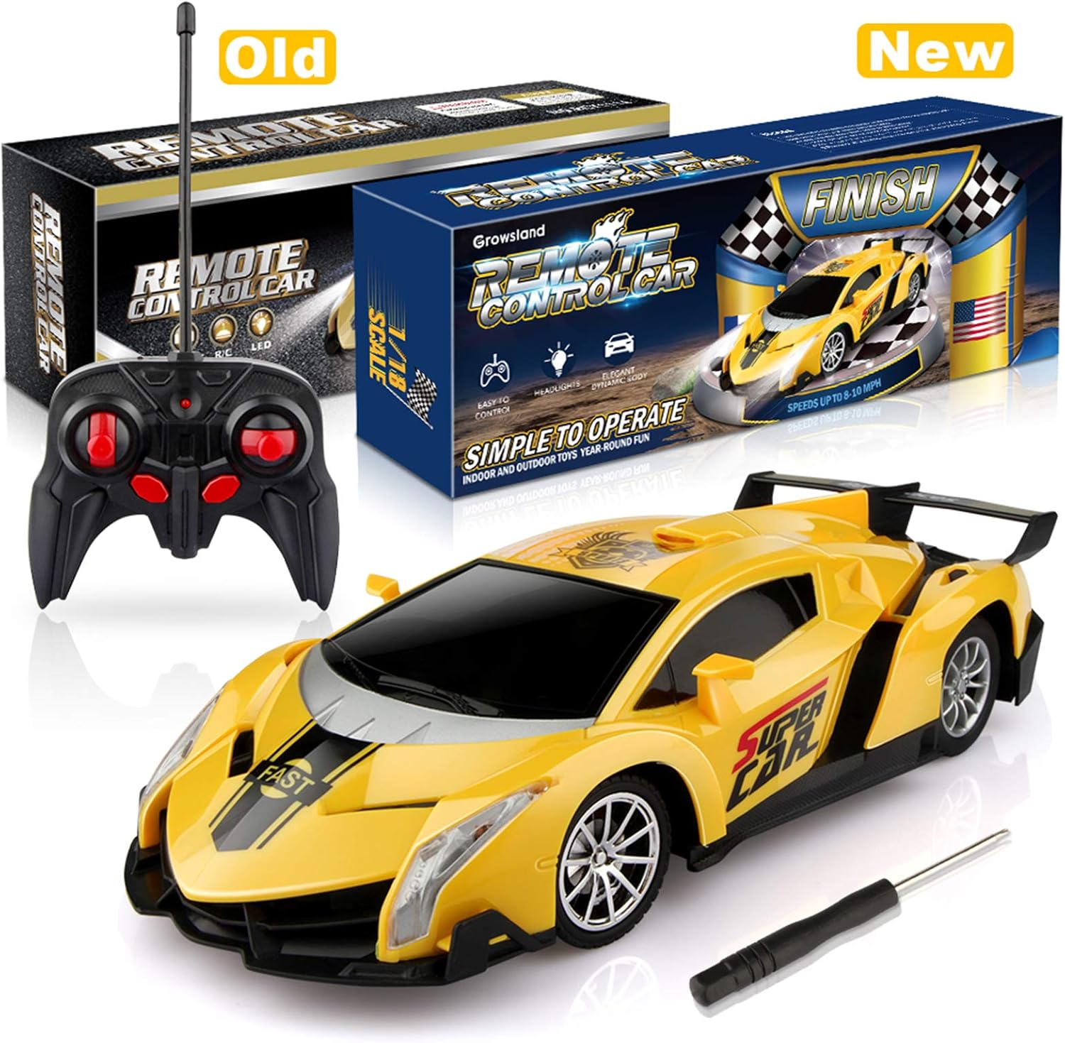 Growsland Remote Control Car, RC Cars Xmas Gifts for kids 1/18 Electric Sport Racing Hobby Toy Car Yellow Model Vehicle for Boys Girls Adults with Lights and Controller: Toys & Games