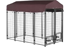 PawHut Outdoor Dog Kennel, Run, Large Wire Steel Fence, Lockable Pet Playpen Enclosure, with Water-, UV-Resistant Canopy Top,