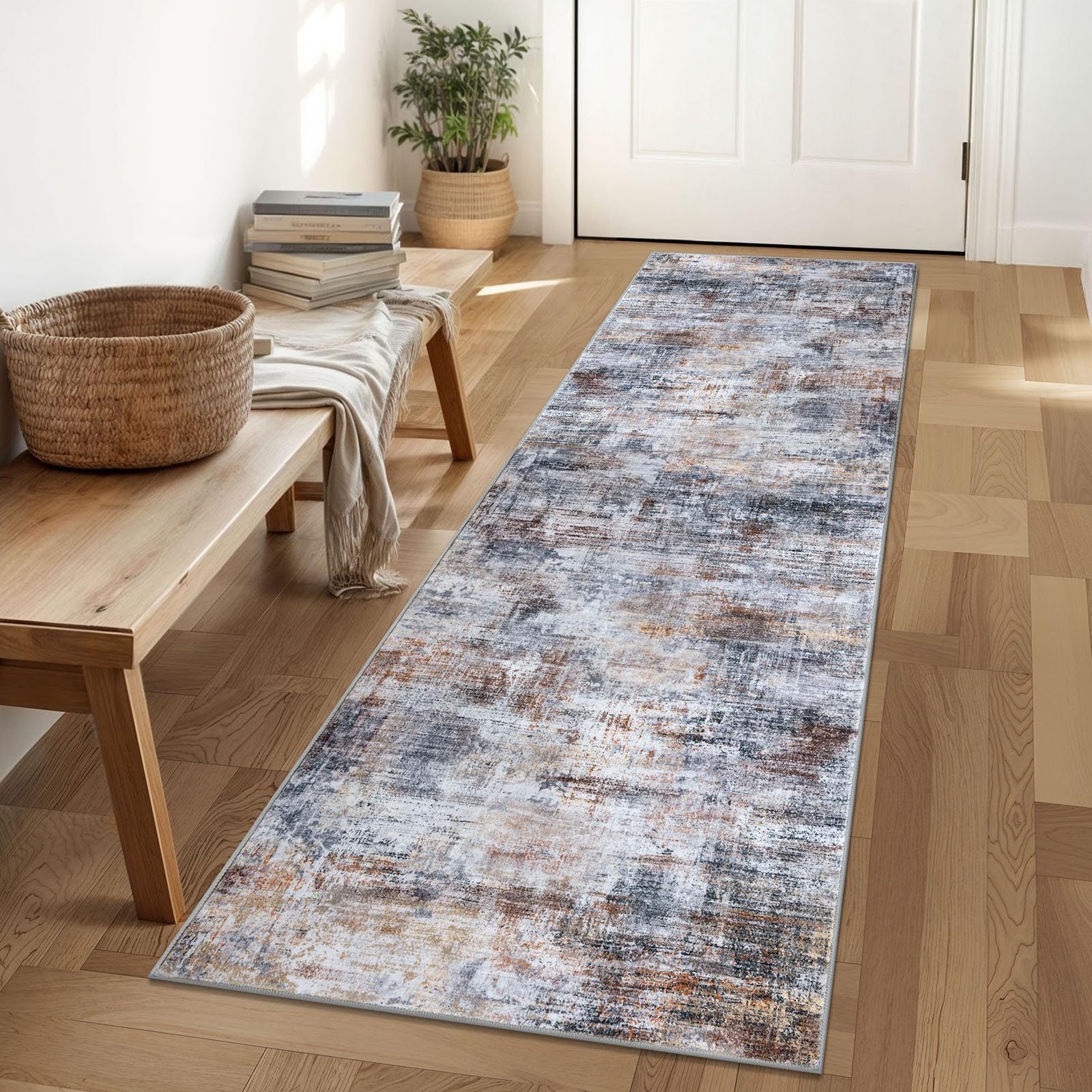 Photo 1 of IOHOUZE Abstract Runner Rug 2x6 Ft Washable Runners for Hallways, Non Slip Kitchen Runner Soft Printed Faux Wool Entryway Runner Indoor, Modern Abstract Floor Carpet for Hall Bedroom, Orange Grey