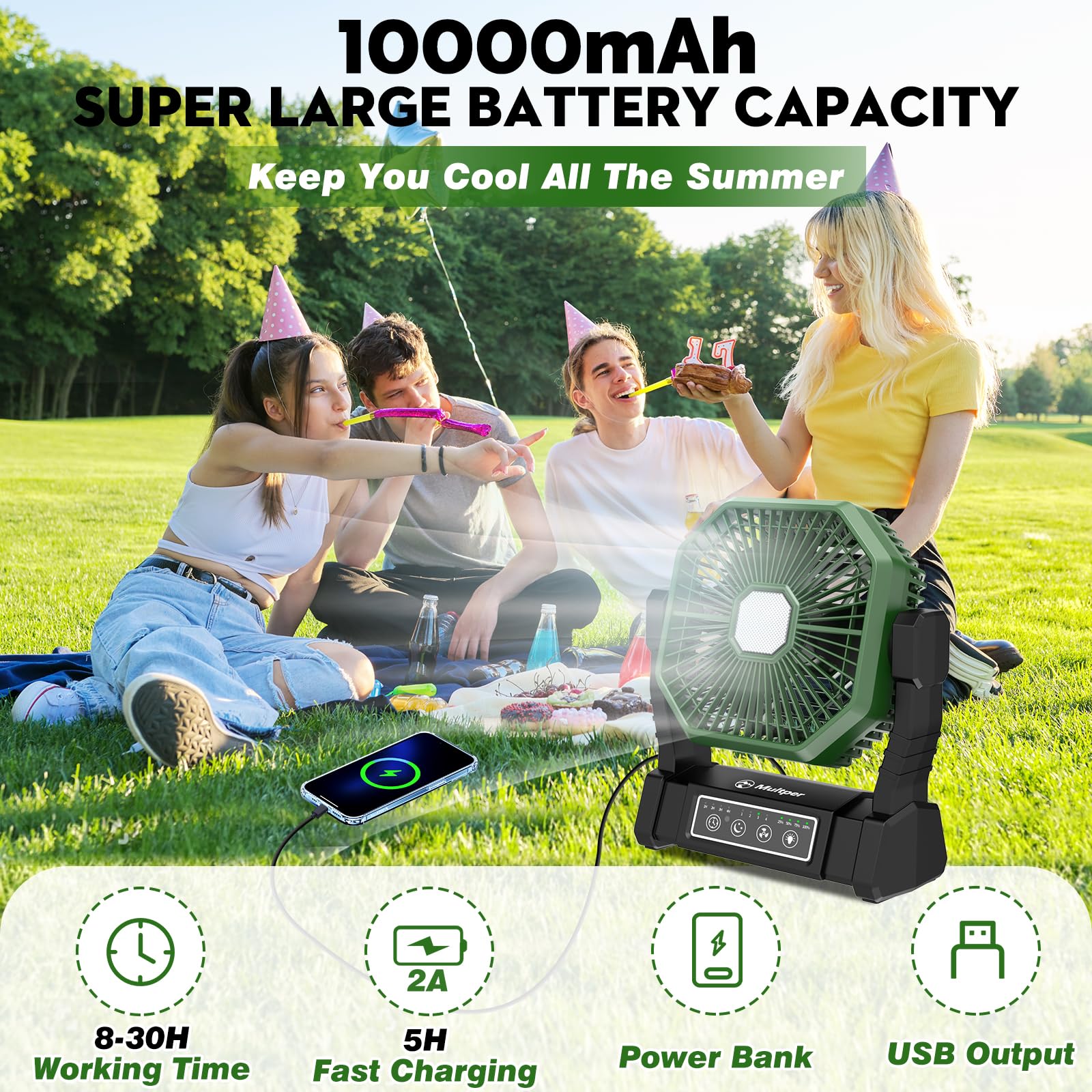 10000mAh Camping Fan Rechargeable with LED Lantern, Battery Operated Fan Outdoor Camping Fans for Tents with Remote & Hook, 4 Speed Powerful USB Table Fan for Fishing, Camping, Travel, Jobsite (Black)