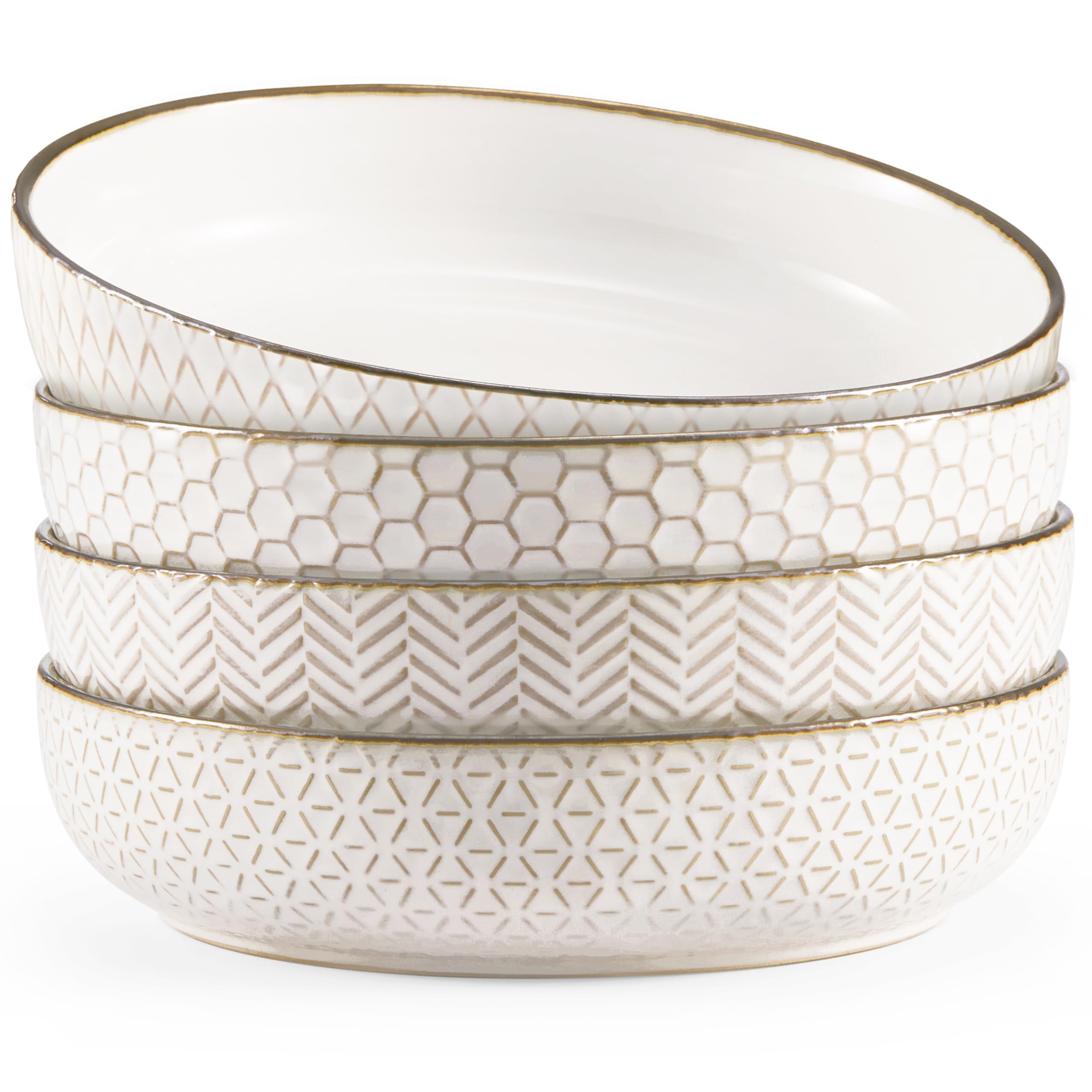 Photo 1 of KooK Pasta Bowls, Ceramic, Embossed Serving Bowls For Stews and Salads, Large Capacity, Microwave & Dishwasher Safe, Ivory with Dark Copper Accents, Set of 4, 40 oz, Narbonne Collection