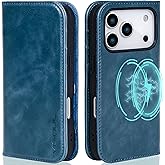 VISOUL Case for iPhone 17 Pro Genuine Leather Wallet Case, Magnetic Flip Folio Cover with RFID Blocking Card Holder Kickstand Book Case for iPhone 17 Pro (6.3 inch)-Blue