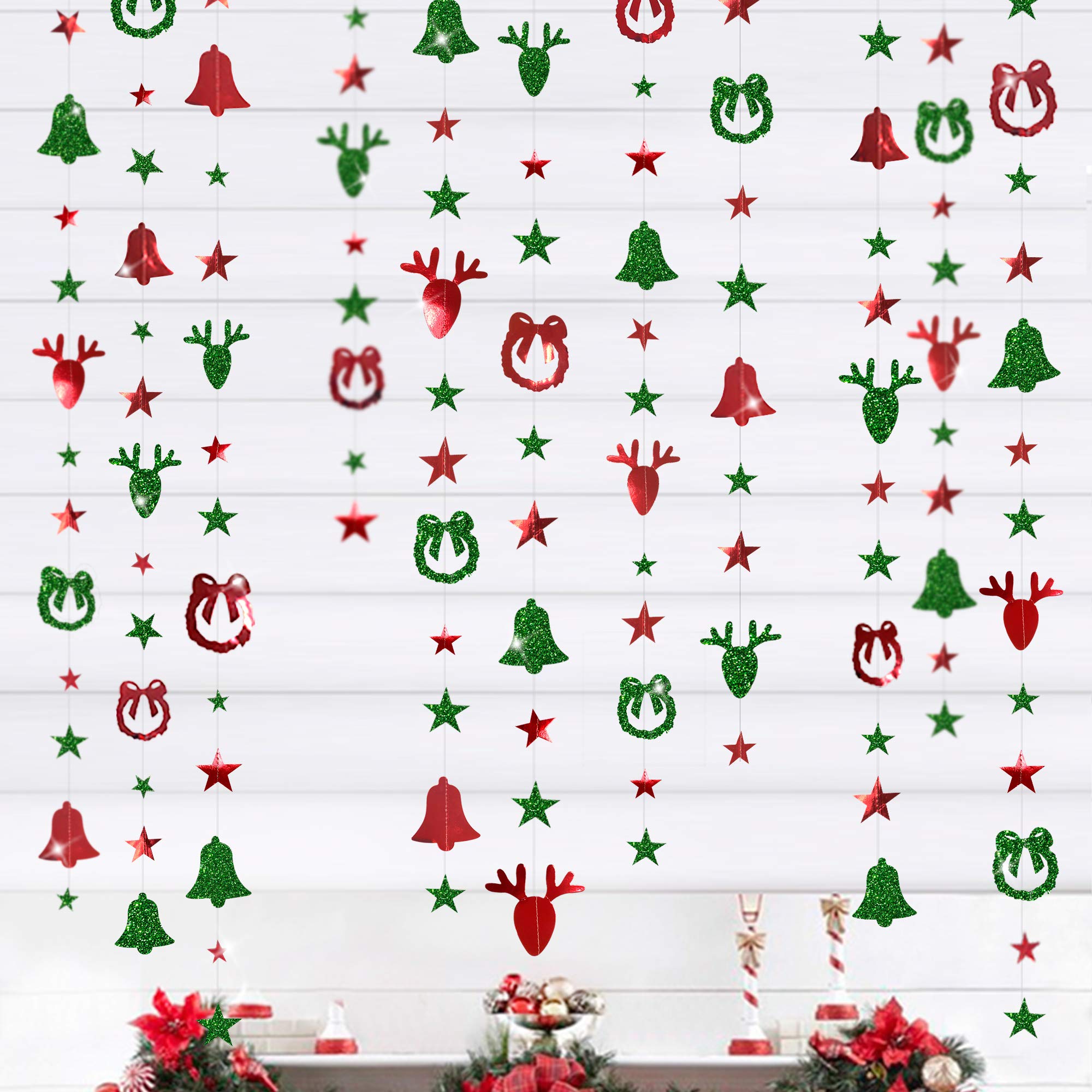 Christmas Party Decorations Kit Red and Green Xmas Garland Paper Wreath Reindeer Star Jingle Bells Hanging Bunting Backdrop Banner for Home Kid's Room New Year Merry Christmas Birthday Party Décor