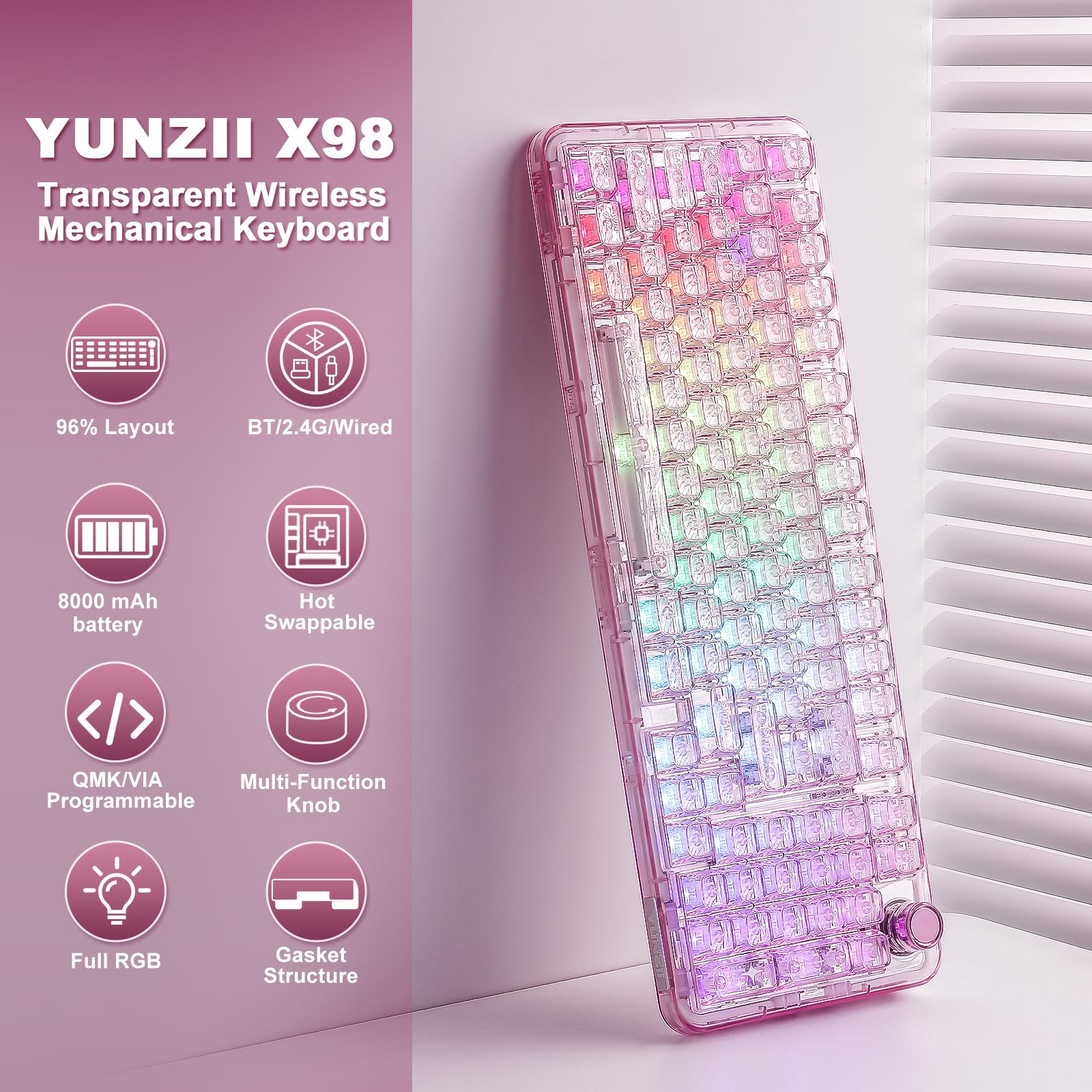 YUNZII X98 QMK/VIA Wireless Mechanical Gaming Keyboard with Knob,Tri-Mode BT5.0/USB-C/2.4GHz Hot Swappable Keyboard,Pre-lubed Switches Gasket Mount RGB Backlit for Wins/Mac (Pink, Snow Switch)