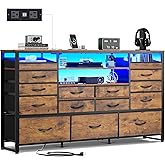 WLIVE TV Stand for 55, 60, 65 inch TV, Entertainment Center with LED Lights & Charging Station, TV Media Console Table with 15 Fabric Drawers and Open Shelves for Living Room, Hallway, Rustic Brown