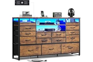 WLIVE TV Stand for 55, 60, 65 inch TV, Entertainment Center with LED Lights & Charging Station, TV Media Console Table with 15 Fabric Drawers and Open Shelves for Living Room, Hallway, Rustic Brown