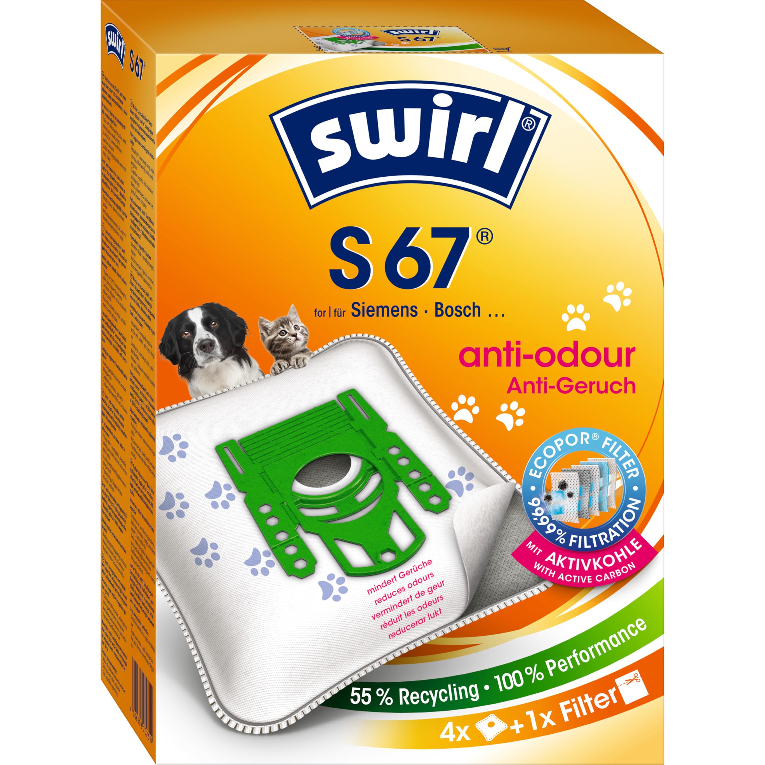 Swirl Swirl S 67 MicroPor Plus Vacuum Cleaner Bags for Bosch, Lockable Holding Plate, 4 bags + 1 filter,