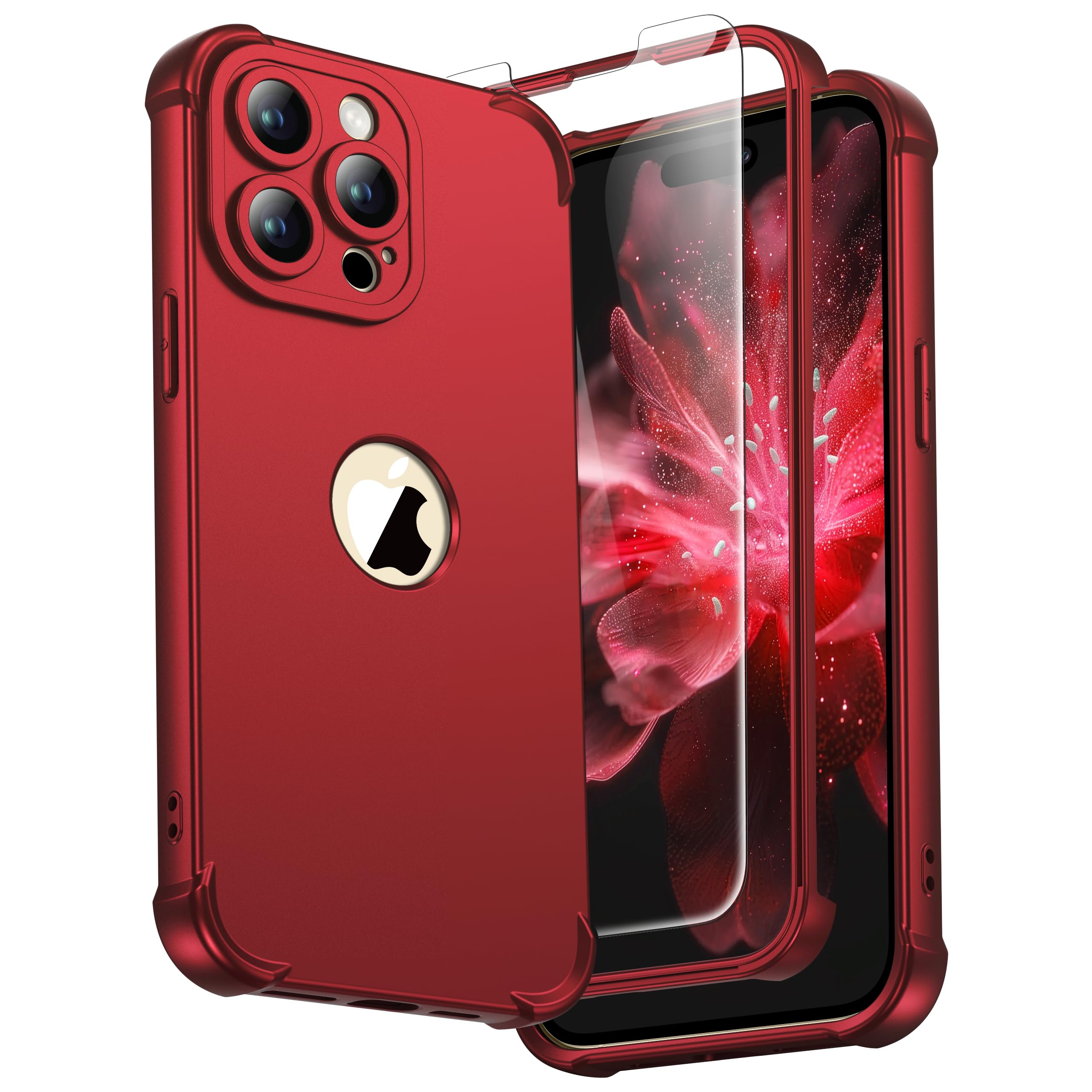 ORETECH for iPhone 14 Pro Case, with [2 x Tempered Glass Screen Protector] [Camera Protection] [Military Grade Shockproof ] Thin Slim Fit Rubber Bumper Phone Case Cover - Red