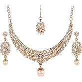 Touchstone Indian Gold Jewelry Sets for Women Bollywood Wedding Guest desi Chunky Necklace maang Tikka Set Pearl Bridal Artificial Simple Formal Outfits White Rhinestone Accessories