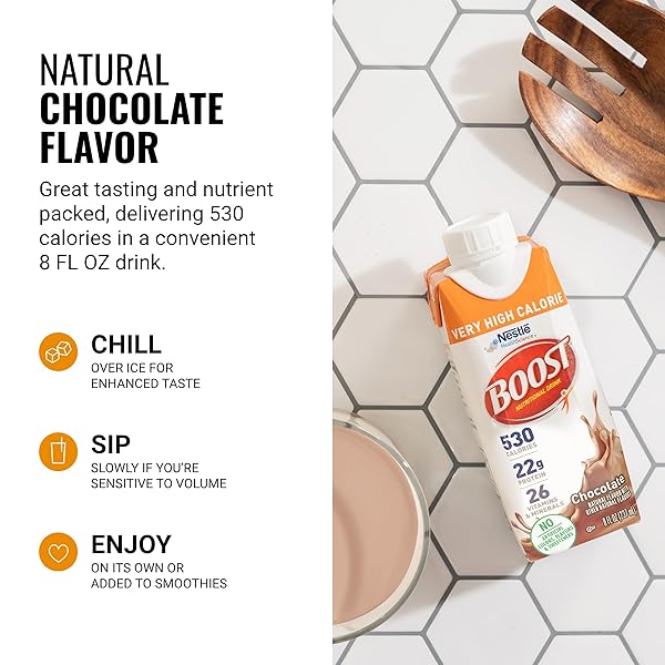 BOOST VERY HIGH CALORIE NUTRITIONAL DRINK – HELPS WEIGHT GAIN & MAINTENANCE – 530 CALORIES – 26 VITAMINS & MINERALS – 22 G PROTEIN – CALORIE-DENSE NUTRITIONAL DRINK – CHOCOLATE – 8 FL OZ (PACK OF 24)