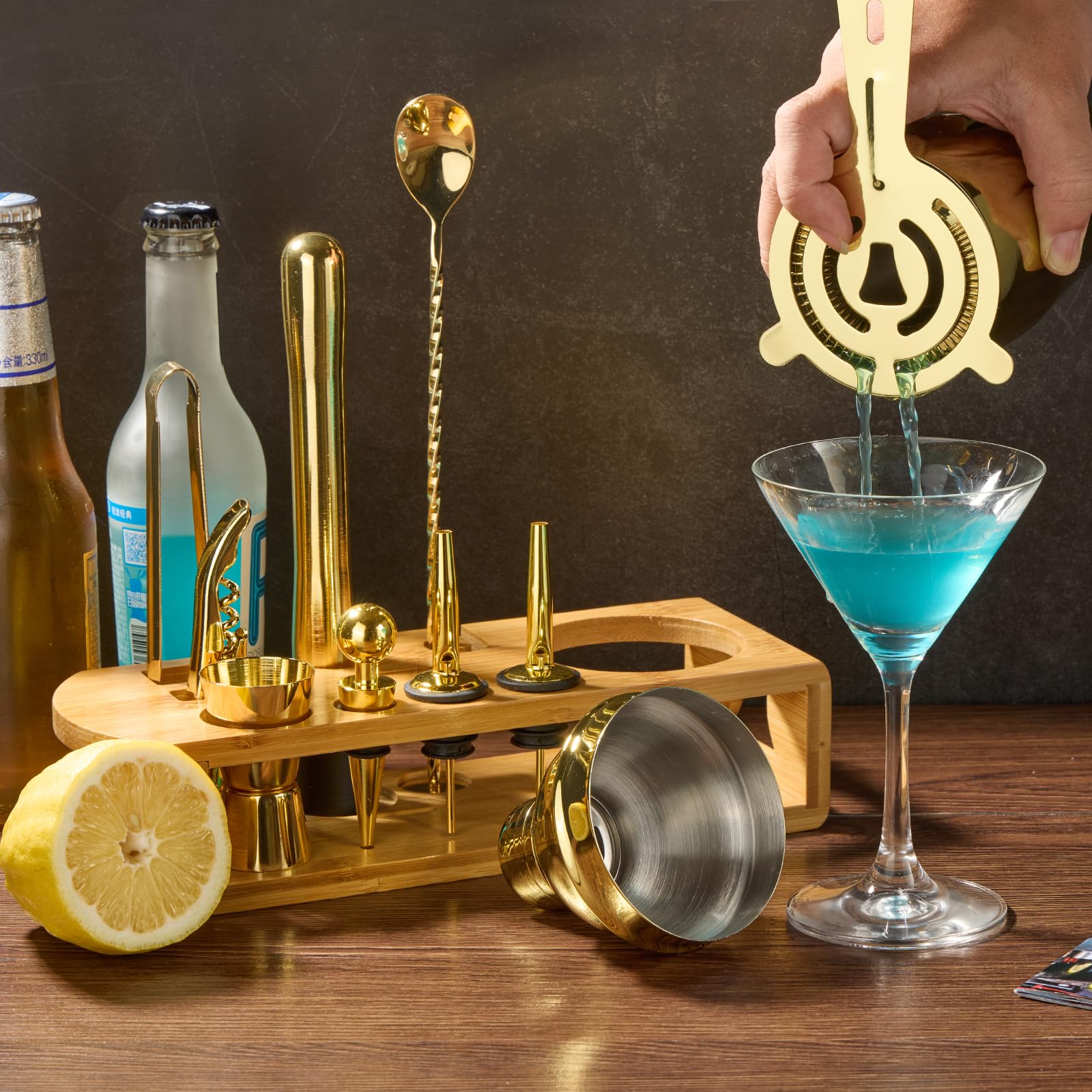 Cocktail Shaker Set Bartender Kit : 12-Piece Bar Tool Set with Bamboo Stand | Bar Set with All Practical Bar Accessories, for Drink Mixing, Bar, Home, Lounge & Party (Gold) - Image 6