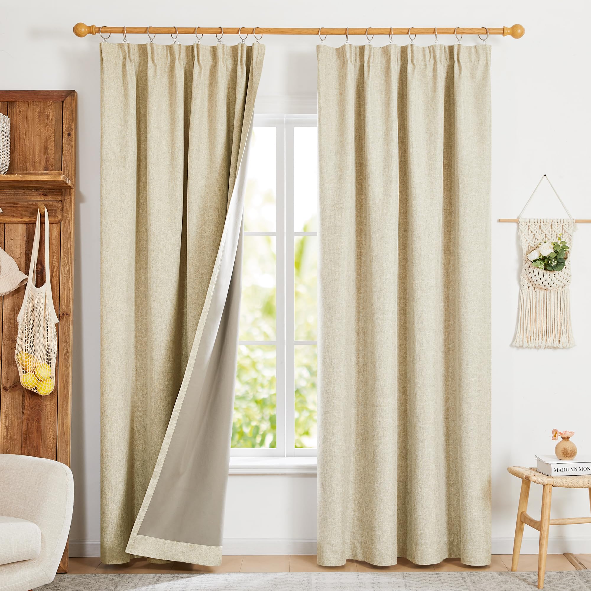 Deconovo Faux Linen Full Blackout Pencil Pleat Curtains for Bedroom Living Room Linen 46 x 54 Inch(Width x Length) One Pair