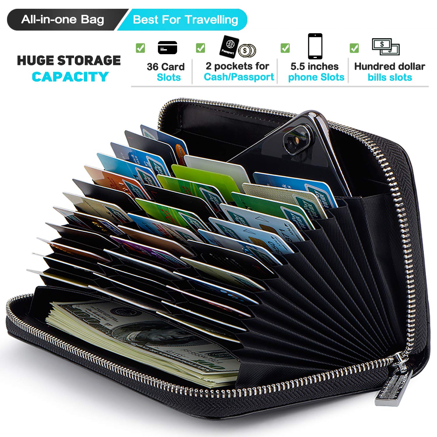 Credit Card Wallet Leather RFID Card Case Wallet for Women Huge Storage Capacity (Black)
