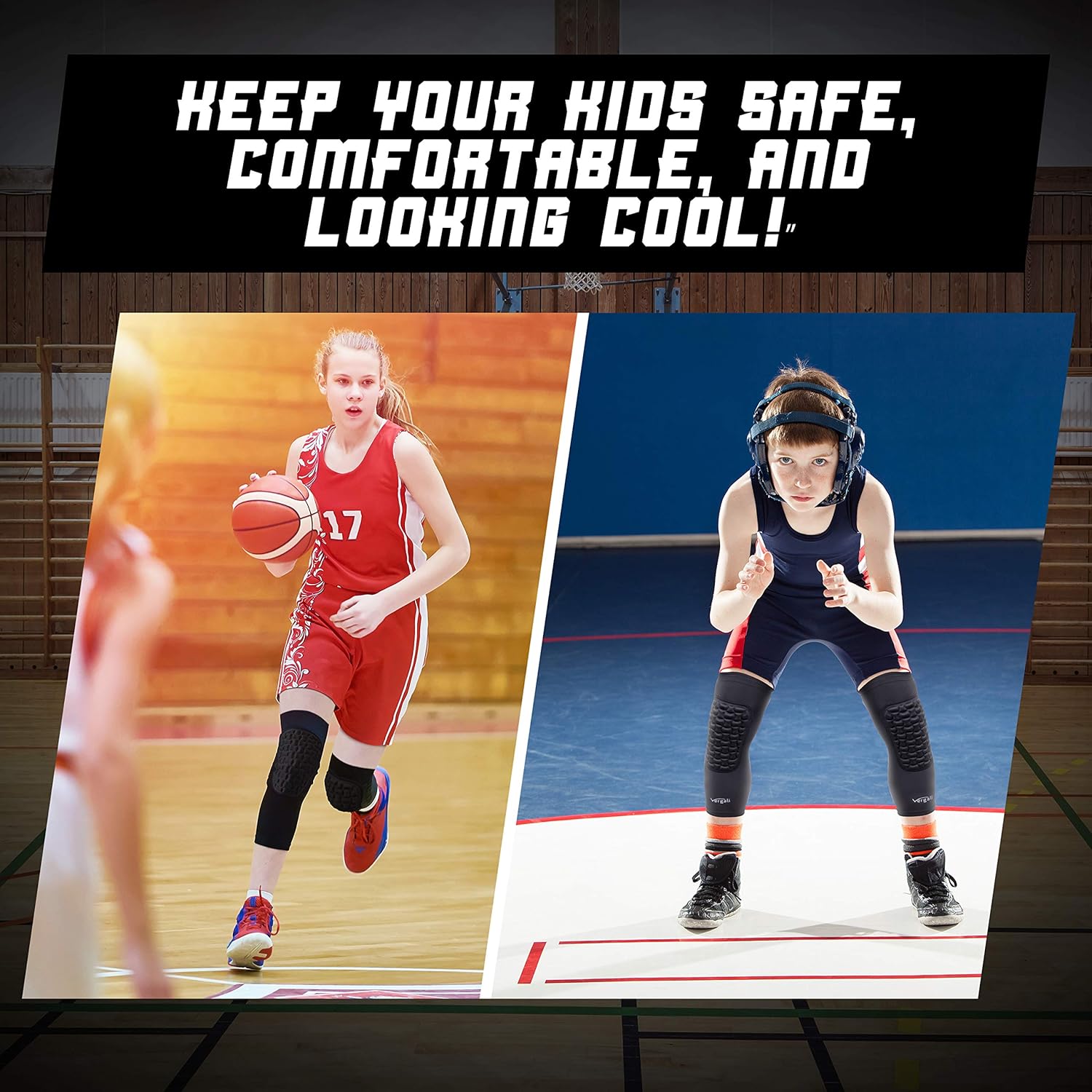 Vergali Basketball and Wrestling Knee Pads for Youth and Adult (Set of 2). Durable Padded Knee Sleeve Design Contours Around Knee to Protect Your Leg. Perfect Compression for Boys, Girls, Men, Women : Sports & Outdoors