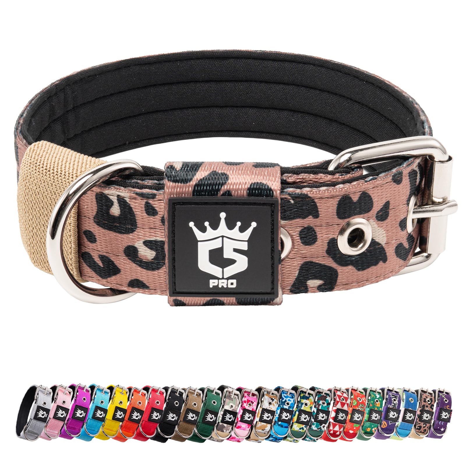 TSPRO Heavy Duty Tactical Dog Collar 1.25" Wide, Padded Dog Collar with Metal Buckle, Adjustable for Walking Training Outdoor for Small Dogs (Leopard Print, S)
