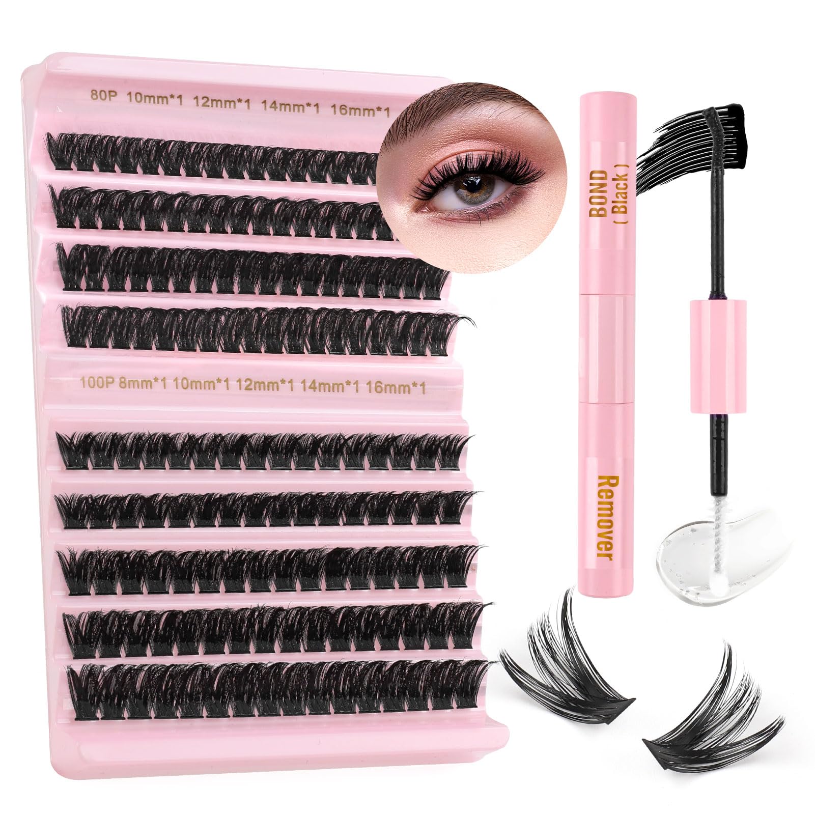 Sixstarhair Individual Eyelashes 80D+100D Thick Cluster Lashes with Bond and Remover Fluffy Cluster Lashes Kit 8-16mm Dramatic DIY Eyelash Extension Kit
