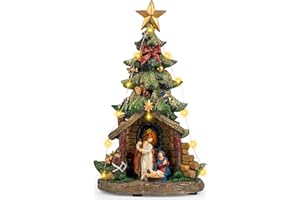 VISFLAIR 12'' Christmas Tree Lighted Manger Nativity Scene, Musical Holy Family Figurines LED Light Play Silent Night Music, Battery & USB Home Decor Gifts Festive Holiday Decorations