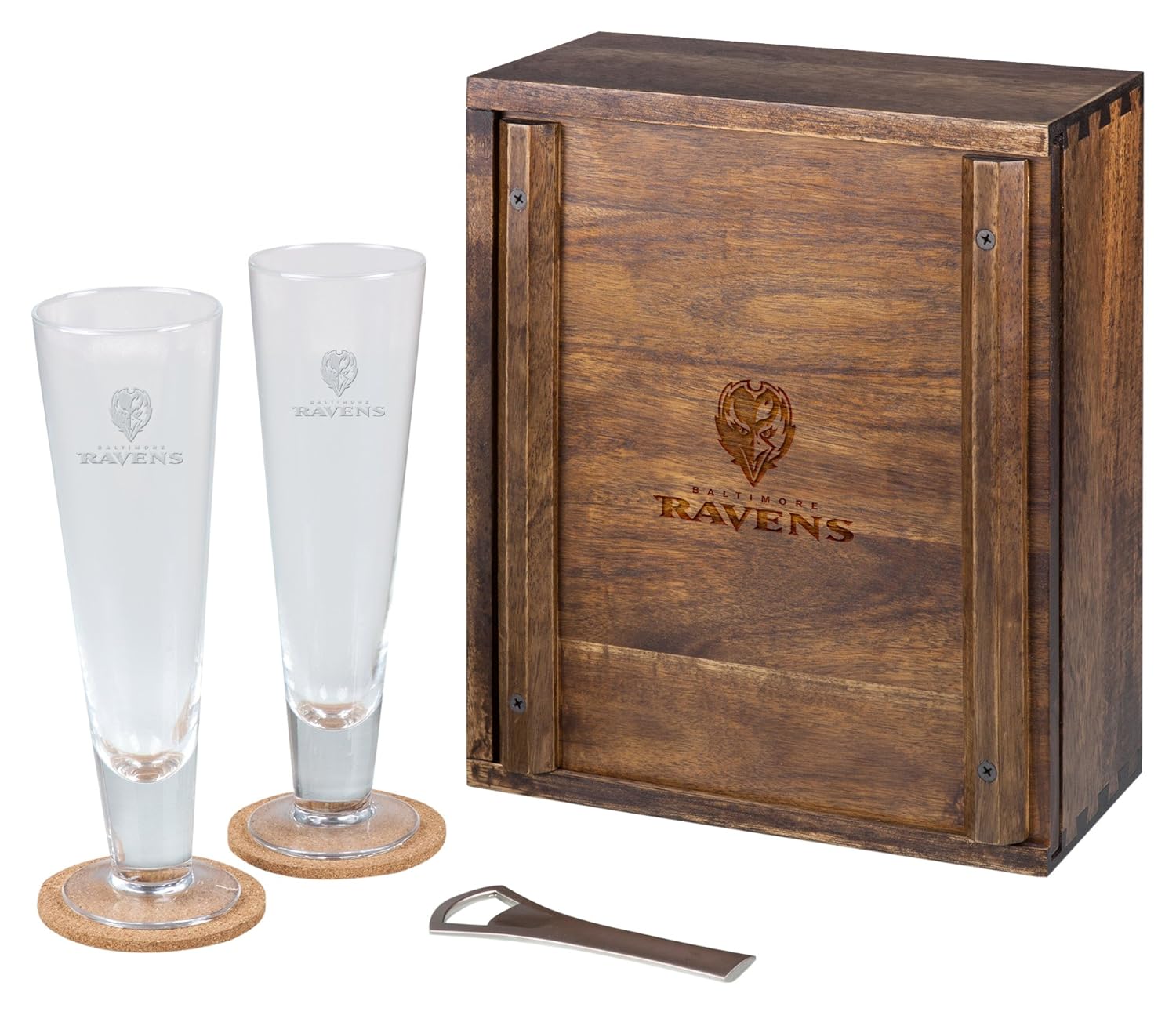 NFL Acacia Wood Pilsner Beer Glass Gift Set for Two