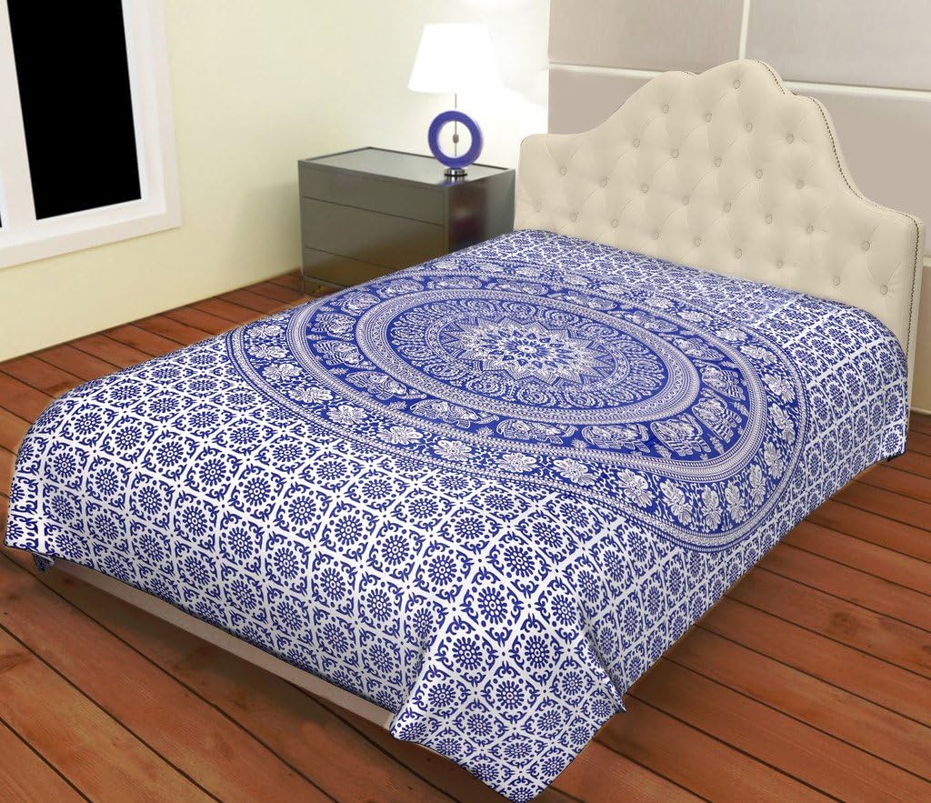 SheetKart Traditional Hand Block Elephant 144 TC Cotton Single Bedsheet- Sapphire Blue