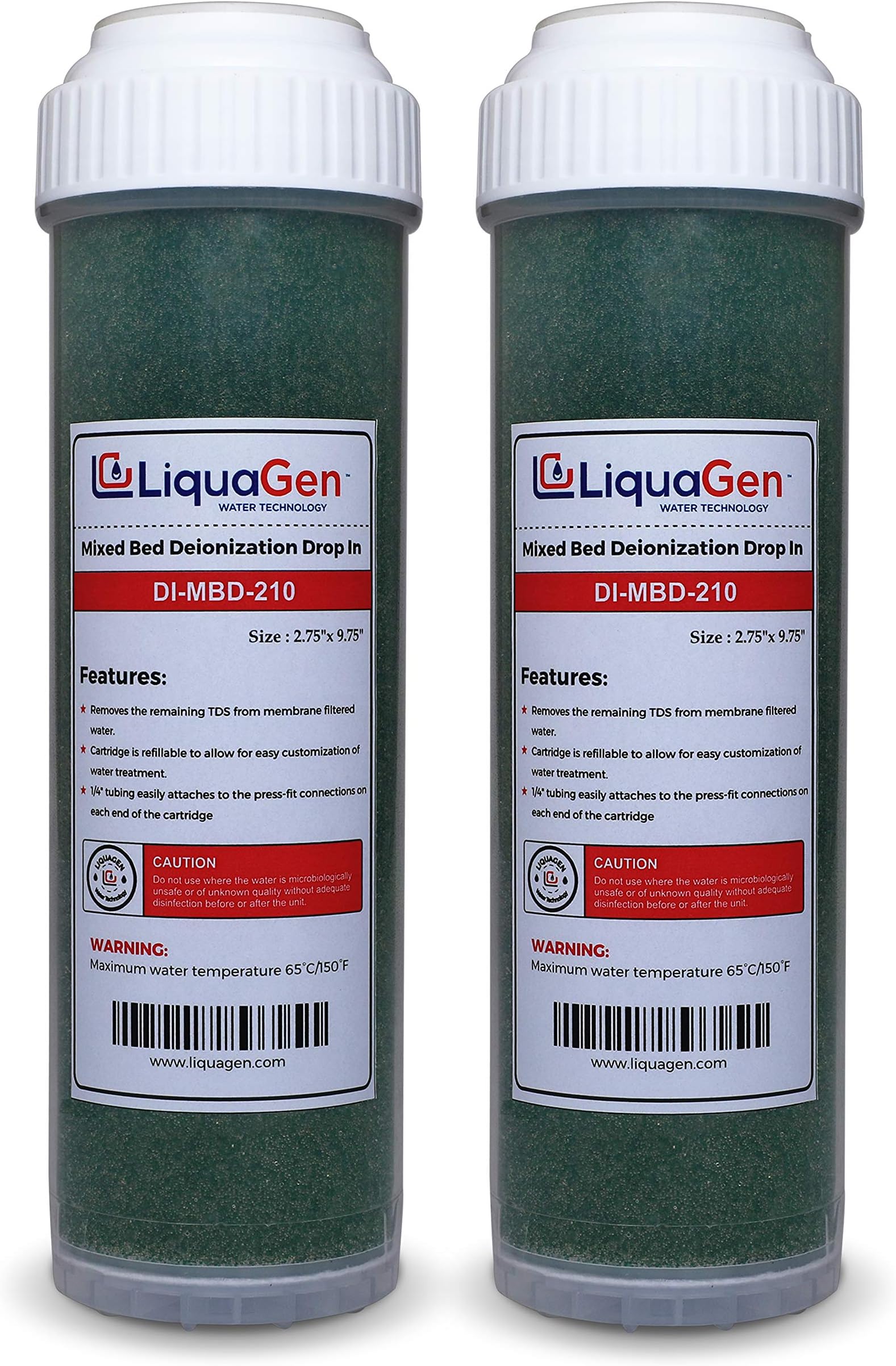 LiquaGen - 2 Pack Refillable Drop In Deionization (DI) Filters for RO/DI Aquarium Applications - 10" | 0 TDS/PPM Water | Saltwater & Freshwater Use | Filter for Fish Tanks, Aquariums, Coral Reefs, etc