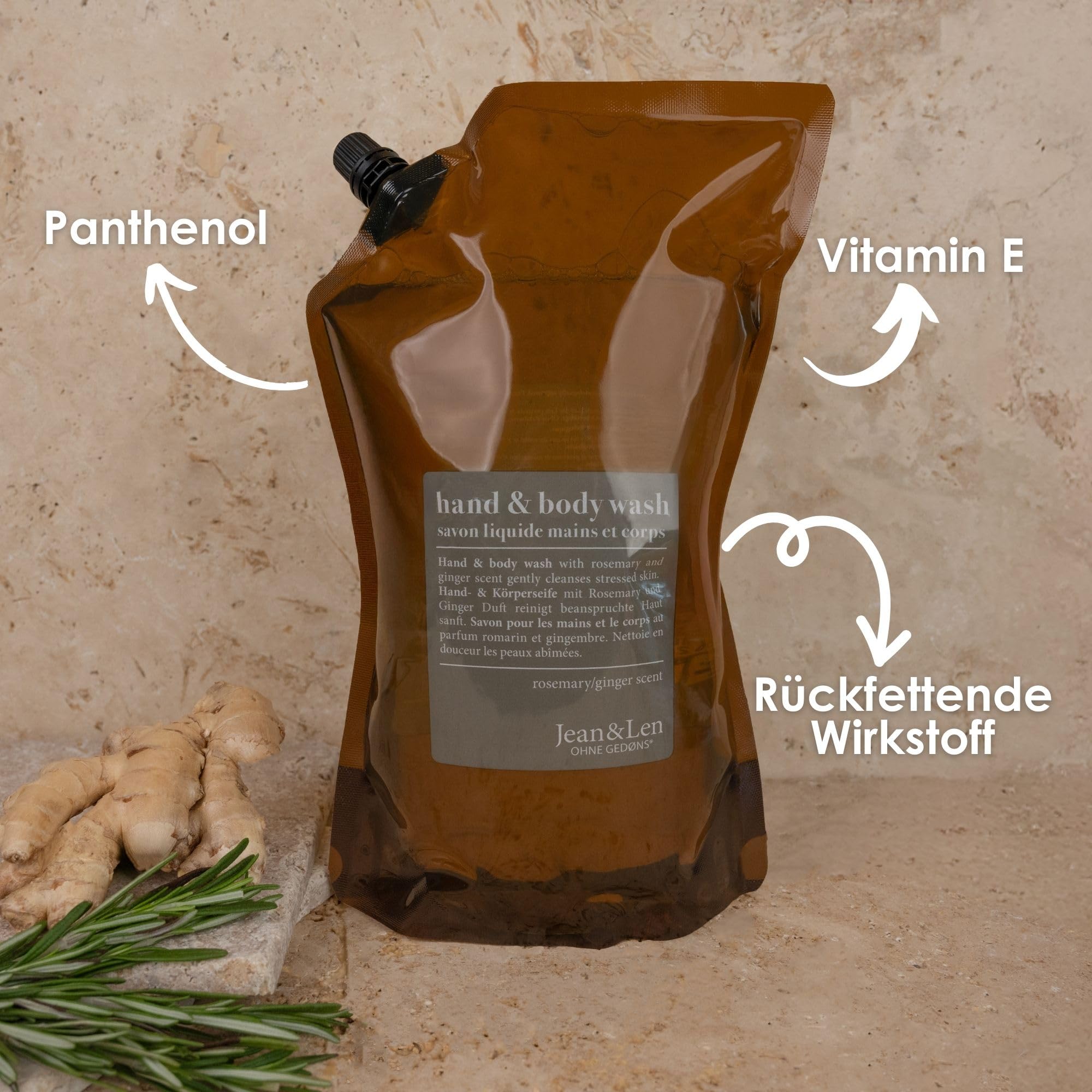 Jean & Len Hand & Body Wash Rosemary und Ginger im Nachfüllbeutel, reinigt und pflegt die Haut, würzig-frischer Duft, Flüssigseife im Nachfüllpack, ohne Silikone & Parabene, 1,5L 4