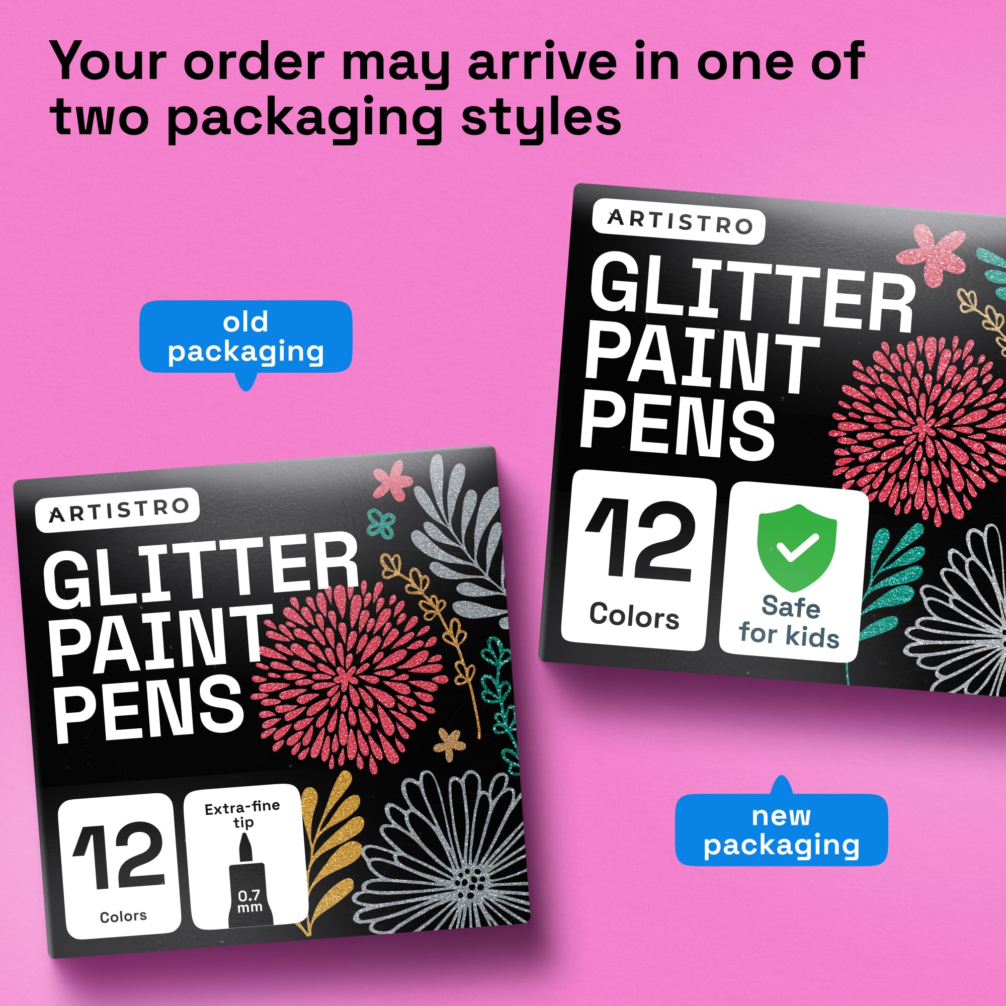 ARTISTRO 12 Glitter Paint Pens for Glass Marking, Rock Painting, Ceramic, Wood, Fabric, Scrapbooking, DIY Craft Making, Coloring - Acrylic Paint Markers Extra-Fine Tip 0.7mm