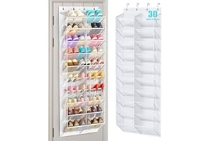 MISSLO 30 Pairs Over the Door Shoe Organizer Breathable Mesh Hanging Shoe Rack for Closet Storage with Wide Deep Pockets 10 Tier Shoes Holder Fit All the Family's Sneakers, Boots, Heels (White, 71")