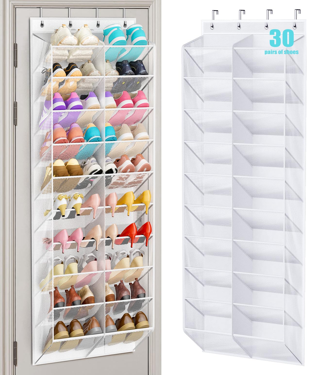 Photo 1 of **DIRTY** MISSLO 30 Pairs Over the Door Shoe Organizer Breathable Mesh Hanging Shoe Rack for Closet Storage with Wide Deep Pockets 10 Tier Shoes Holder Fit All the Family's Sneakers, Boots, Heels (White, 71")