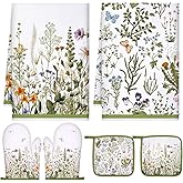 Leinuosen 6 Wild Flower Kitchen Towels Kitchen Decor and Accessories Set Floral Plant Oven Mitts and Pot Holders Sets Farmhouse Absorbent Dish Towels for Cooking Baking Grilling