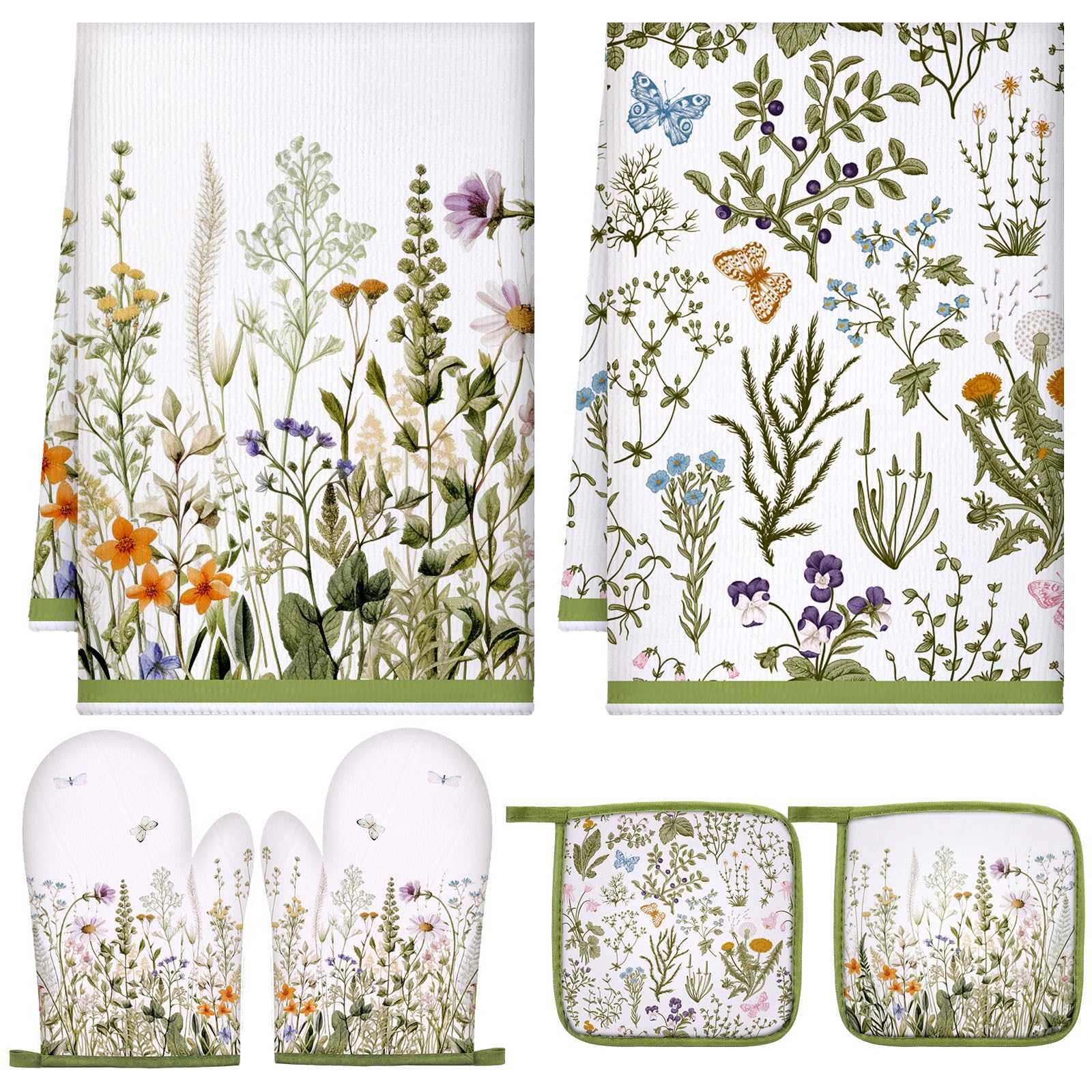 Photo 1 of Leinuosen 6 Wild Flower Kitchen Towels Kitchen Decor and Accessories Set Floral Plant Oven Mitts and Pot Holders Sets Farmhouse Absorbent Dish Towels for Cooking Baking Grilling