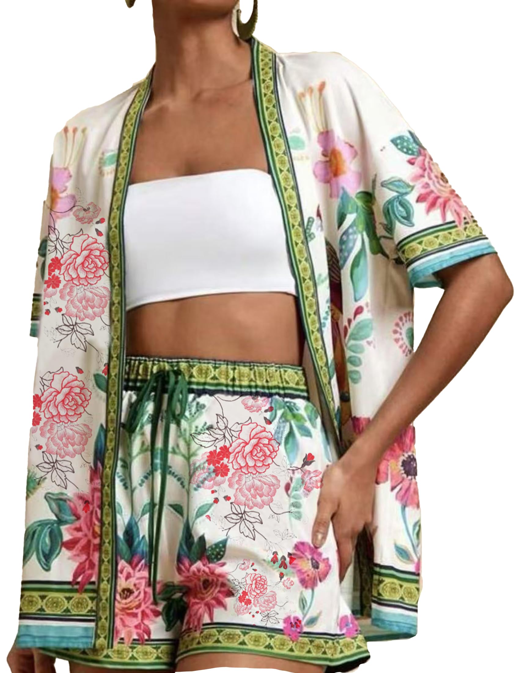 Photo 1 of *MEDIUM FITTED* TUREAU Women Boho Tropical Print Beach Cover Up Shorts Set 2 Piece Summer Lounge Outfit Lightweight Swimwear Matching Outfit, Green 
