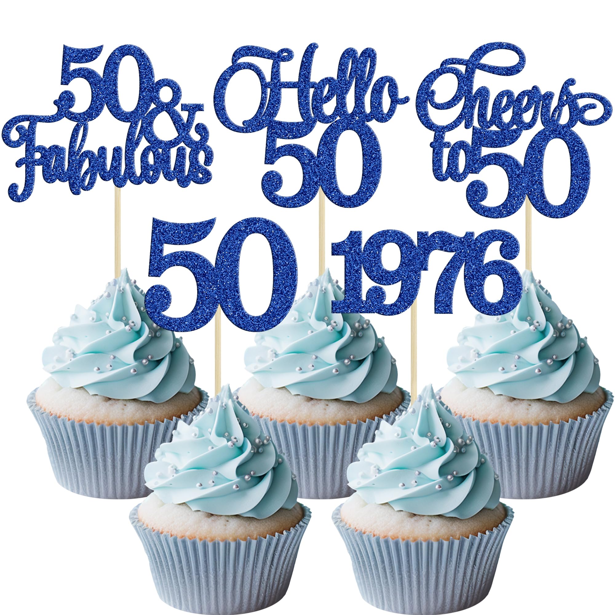 Gyufise 30Pcs 50th Birthday Cupcake Toppers 50 Fabulous Cupcake Picks Cheers to 50 1976 Cake Decorations for Happy 50th Birthday Wedding Anniversary Party Decoration Supplies Blue