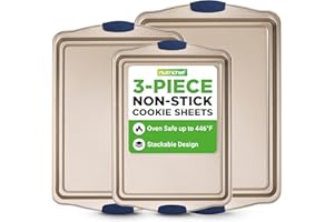 NutriChef Cookie Sheets - 3 Piece Nonstick Bakeware Set - PFOA, PFOS, PTFE-Free Carbon Steel Baking Trays with Silicone Handl