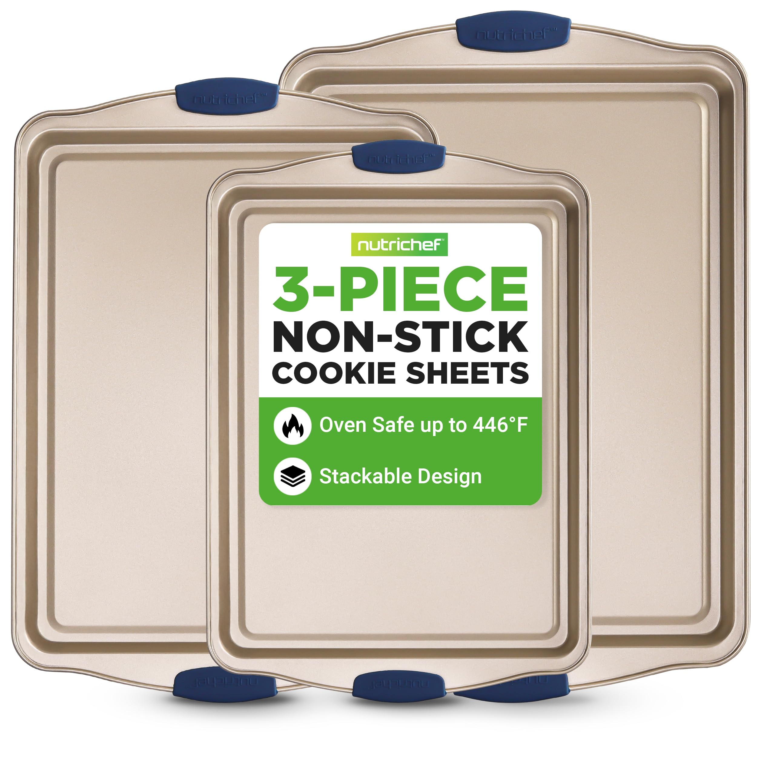 Photo 1 of ***MISSING PIECE*** NutriChef 3?Piece Non?Toxic Cookie Sheets for Baking – Premium Carbon Steel Oven Tray Set with Blue Silicone Handles – Nonstick Baking Sheet Set for Cookies, Pastries & Oven?Safe Cooking