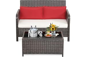 RELAX4LIFE 2-Piece Wicker Outdoor Loveseat, Patio Furniture Set w/Love Seat, Glass-Top Coffee Table & Cushions, 2-Seater Conversation Sofa Couch for Balcony Porch, Rattan Patio Loveseat with Table