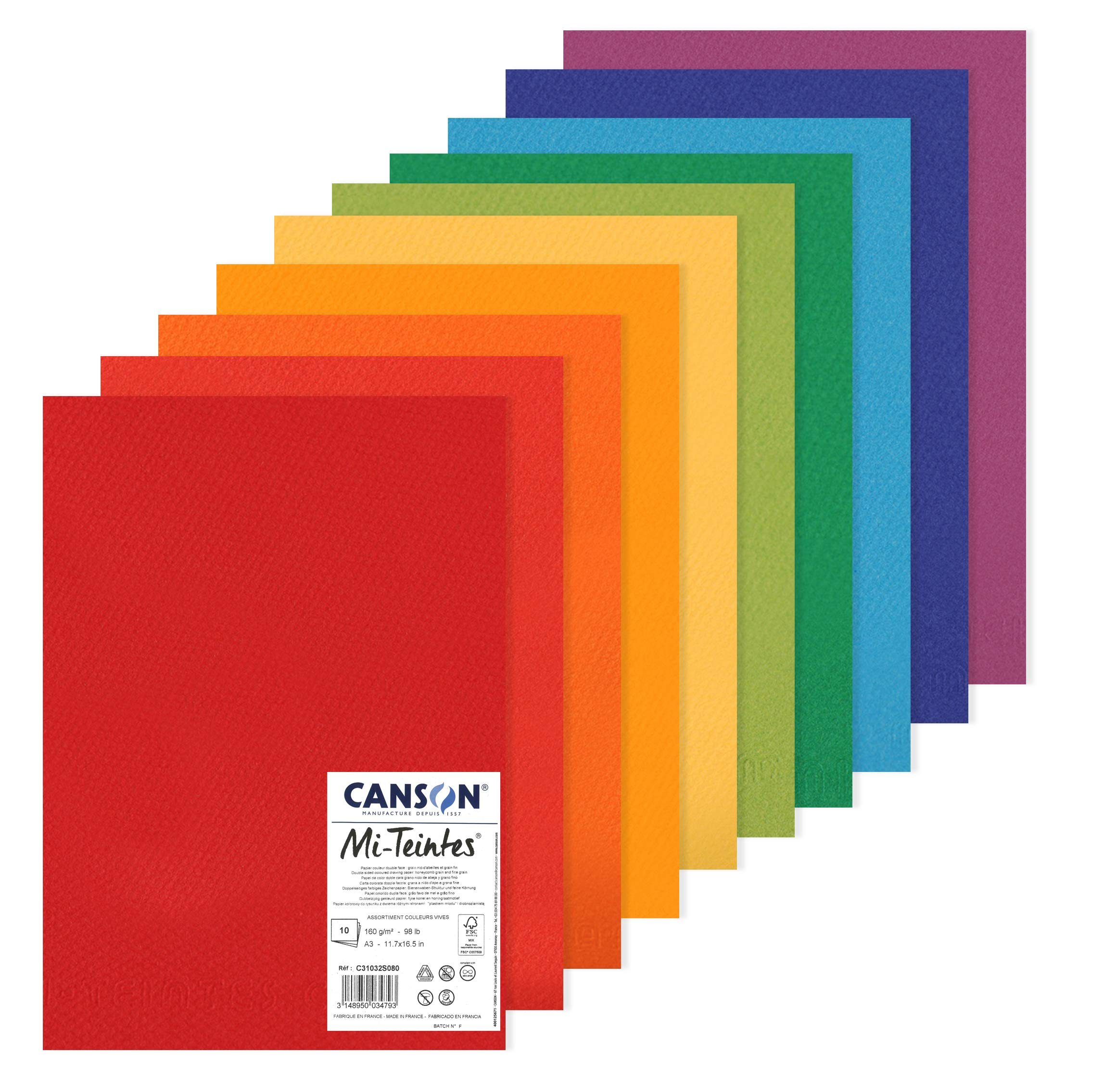 CANSON Mi-Teintes Coloured Drawing 160gsm A3 Paper Pack, Double Sided: Honeycomb & Fine Grain, 10 Bright Colour Sheets, For Professional Artists & Illustrators