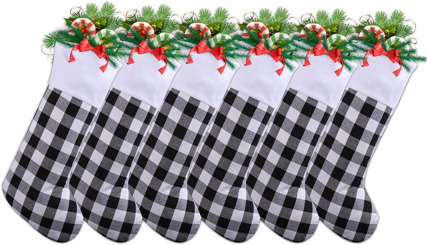 Stockings & Holders - Uneam Christmas Stockings 6 Pack 18 Inch Buffalo Plaid Christmas Stockings White Plush Trim Classic Personalized Large Stocking Decorations for Family Holiday Xmas Party Decoration（Black White）