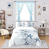 100% Natural Cotton Watercolor Ocean Theme Duvet Cover Queen for Boys Girls,Blue Starfish Conch Bedding Set,Coral Pattern Stripe Quilt Cover Bedding 3 Piece (No Comforter)