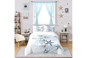 100% Natural Cotton Watercolor Ocean Theme Duvet Cover Full for Boys Girls,Blue Starfish Conch Bedding Set,Coral Pattern Stri