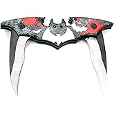 Kii Dark Twin Blade BAT Knife - Double Edge Folding Pocket with clip, 11" Stainless Steel Tactical Two Sharp Cut Spring Assisted Blade (Black & White Bats)