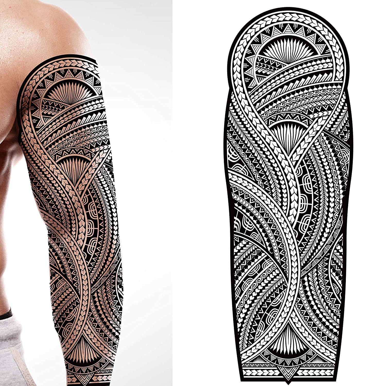 Tatodays temporary tattoo full arm stick on body art transfer tribal polynesian hawaiian aztec fancy dress mens womens fake temp tatoo cosplay — image 1