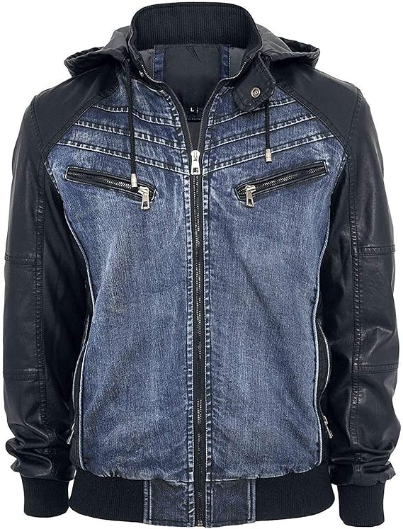 Men's Classic Denim Blue Bomber Hoodie PU Leather Sleeves Jacket Amazon.co.uk Clothing