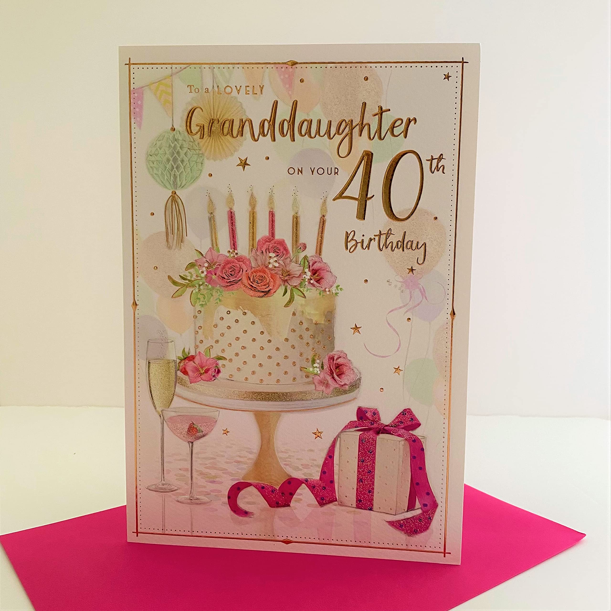 ICG Granddaughter 40th Birthday Card - Pale Birthday Cake & Silver Stars 9" x 6"