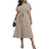 Floerns Women's Plus Size Summer Midi Dress Dolman Sleeve Pleated Work A Line Dresses